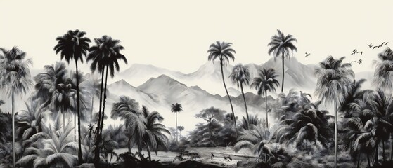 trees on the beach. Sketch landscape with palm tree. Vacation on tropical beach. black and white - obrazy, fototapety, plakaty