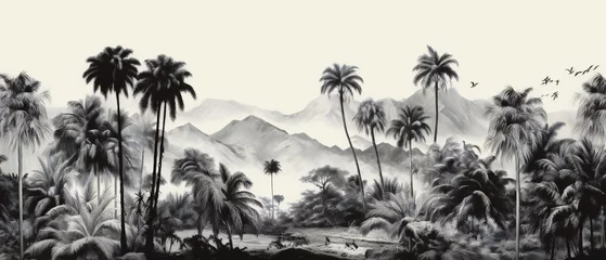 Tuinposter trees on the beach. Sketch landscape with palm tree. Vacation on tropical beach. black and white © kilimanjaro 