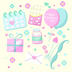 St. Valentine's Day collection of sweet elements. delicate colors, simple background, vector illustration, February 14