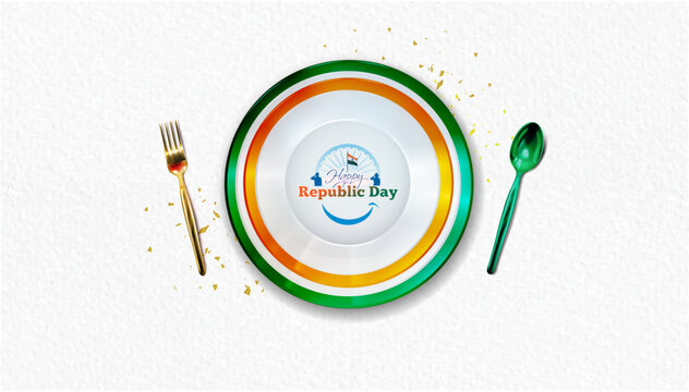 Tricolor food plate for India republic day creative concept. Vector poster banner design for freedom celebration.