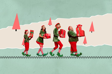 Composite collage picture image of elves walking together deliver courier presents gifts new year...