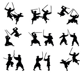Collection of silhouette illustrations of battle fighting samurai ninja © Ascreator