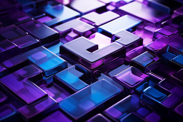 An abstract puzzle background featuring digital technology. Purple banner concept, abstract tech, innovation, and future data. - obrazy, fototapety, plakaty