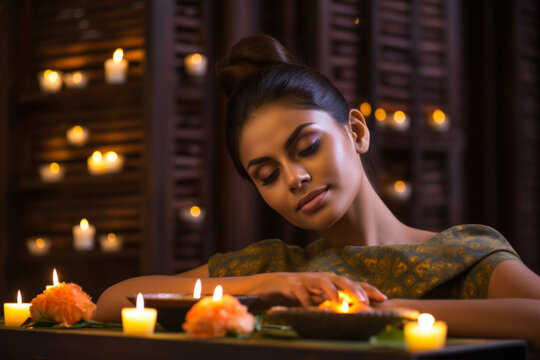 A beautiful woman relaxing in a spa, undergoing spa treatment, with her eyes closed