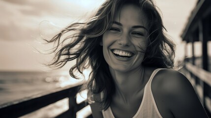 A woman with long hair is smiling next to the sea in a black and white picture