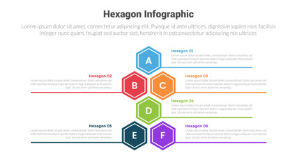 hexagon or hexagonal honeycombs shape infographics template diagram with stack vertical structure with 6 point step creative design for slide presentation