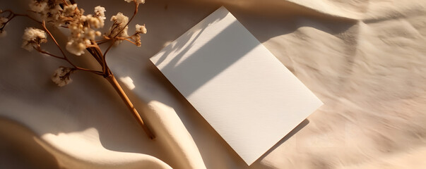 Empty paper card and envelope with aesthetic harsh floral sunlight shadows on neutral beige linen background, natural boho business brand template with mock up copy space 
