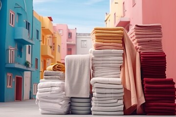 Fototapeta na wymiar colorful folded towels near blue, pink and yellow houses. laundry