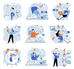 Fototapeta premium Busy employee vector illustration. In corporate setting, completing tasks on time is essential for success Managing busy career can contribute to feelings anxiety and stress Serious and stressful