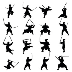 Collection of silhouette illustrations of samurai