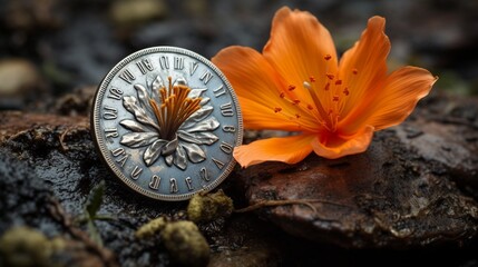 A vibrant blossom blooming on a weathered coin, a testament to the persistence of life even in the most unlikely of environments. - obrazy, fototapety, plakaty
