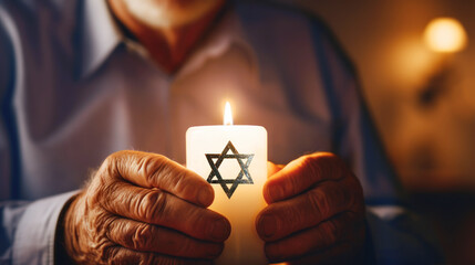 An elderly man grips a burning candle with Star of David, symbolizing International Holocaust Remembrance Day. Memory day on January 27 is a commemoration of the Holocaust. Banner, copy space - obrazy, fototapety, plakaty