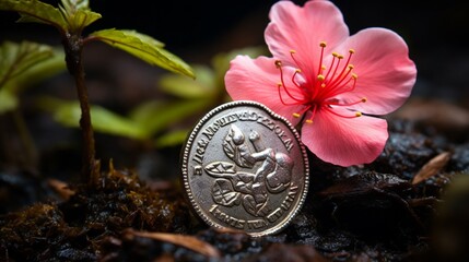 A vibrant blossom blooming on a weathered coin, a testament to the persistence of life even in the...