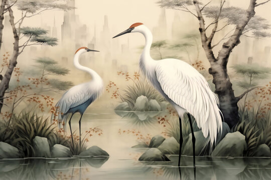 painted picture of Two herons in a pond
