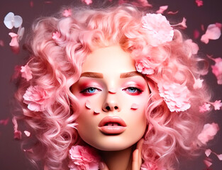 Naklejka premium Fashion concept - woman with creative makeup in pink colors surrounded by flowers