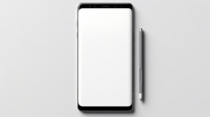 A mobile phone with an empty white screen and a pen in an open notebook is seen from above. .