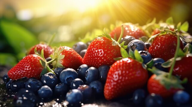 Dew-kissed strawberries and blueberries bask in the golden sunlight, offering a visual feast of summer berries.