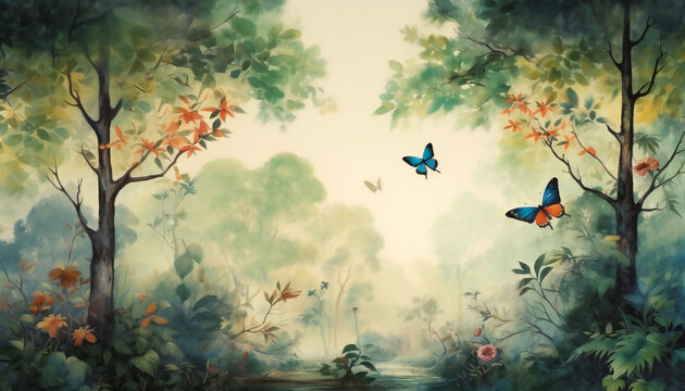 watercolor painting of a forest landscape with butterflies and trees. Painting in bright colors