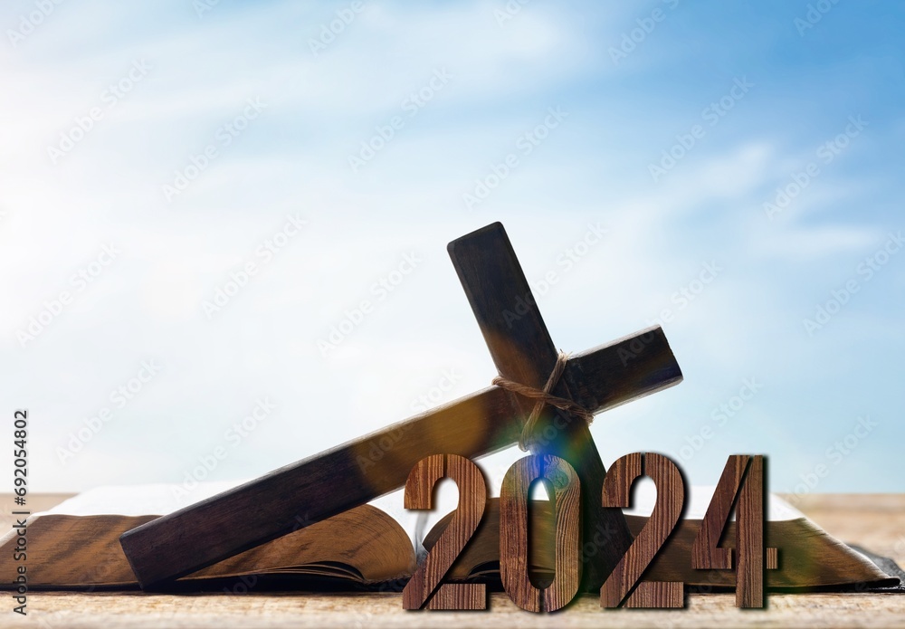 Wall mural 2024 new year sunrise and wooden cross - Wall murals