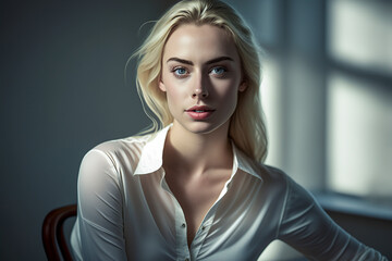 Fototapeta premium young woman sitting in a chair, wearing a white blouse, ai generative