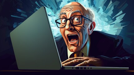 An animated, elderly man expresses shock at his laptop, with a stylized, shattered background emphasizing his astonished reaction.