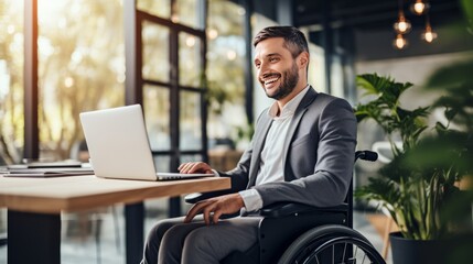 Smiling businessman with disability in wheelchair - obrazy, fototapety, plakaty