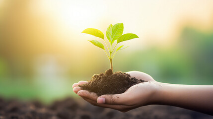 Closeup of Hand Holding Young Plant on Blur Green Nature Background - Concept of Eco-Friendly Gardening and Sustainable Growth in Agriculture and Horticulture.