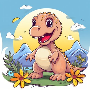 animated rex dinosaur with blue sky and white clouds smiling in high quality