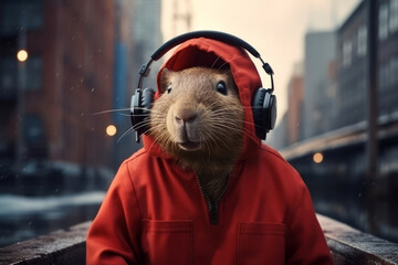 Anthropomorphic capybara dressed in kejual style wearing headphones against city background