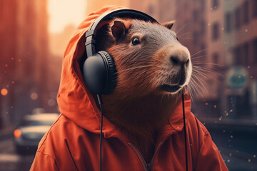 Anthropomorphic capybara dressed in kejual style wearing headphones against city background