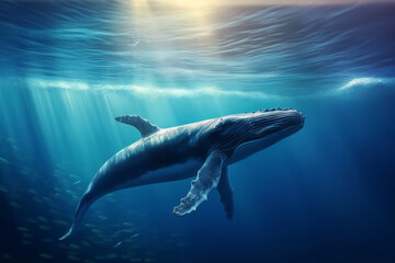 Fototapeta premium Blue Whale under water with sun light streaming down from the surface above.