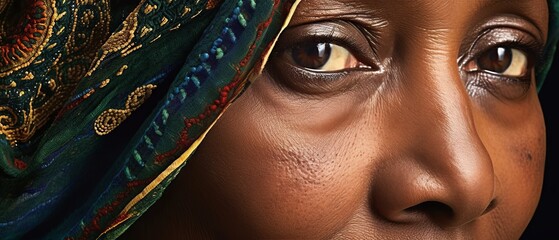 Close up portrait of old Woman arab muslim elderly in hijab . female brown eyes and face covered. Oriental girl in a burqa. Straight look expressive eyes, close-up portrait. Generative ai - obrazy, fototapety, plakaty