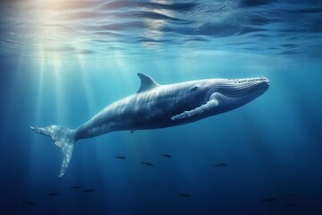 Blue Whale under water with sun light streaming down from the surface above.