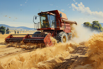 combine harvester working on wheat field in autumn season