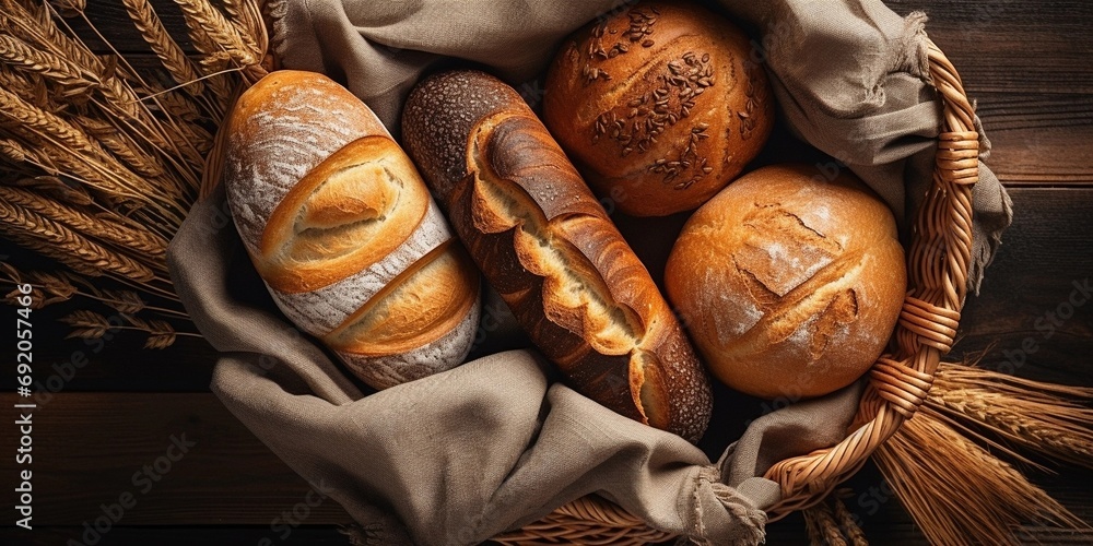 Wall mural bread and bun in a basket with space for text