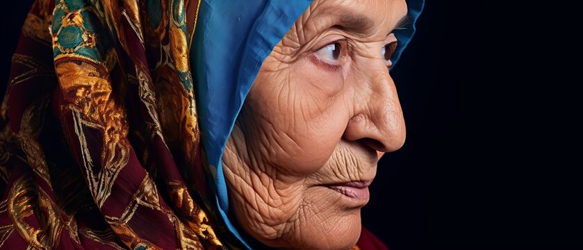 Close up portrait of old Woman arab muslim elderly in hijab . female brown eyes and face covered. Oriental girl in a burqa. Straight look expressive eyes, close-up portrait. Generative ai