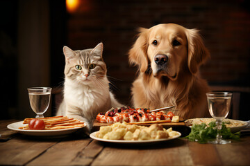 Cute happy dog, cat eating a dry food. Cute dog with bowl of water standing on carpet at home. Pet, dog food.