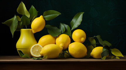 Still life composition featuring vibrant lemons gracefully arranged against a velvety black backdrop