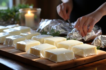 Vacuum packaging of fresh feta cheese.
