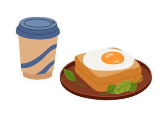 Breakfast food. Toast with fried egg and spinach leaves and a coffee drink. Tasty sandwich served on plate. Flat vector illustration isolated on white background