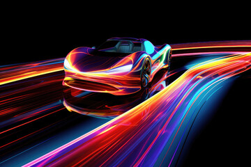 The photo shows a futuristic car driving through a tunnel world. The car has a bright colored paint job that creates a rainbow light trail behind it. The light trail is very bright and flashing. - obrazy, fototapety, plakaty
