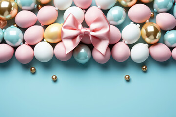 Easter party concept. Top view photo of easter white pink blue and yellow eggs on pastel blue...