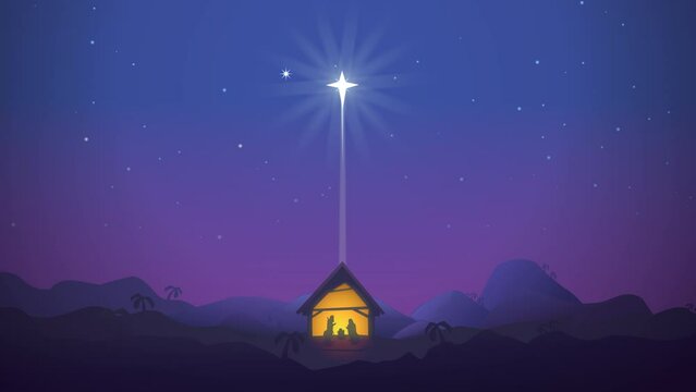 Animation starting with a zoom of a landscape during a starry night with the shepherd's star shining above the nativity scene