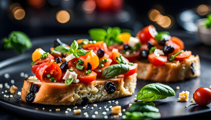 Bruschetta mit Oliven, Tomaten und Basilikim