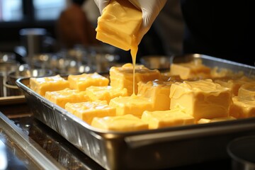 Close-up of a chef taking a melted piece of cheese from a large pan, kitchen in a hotel complex. - obrazy, fototapety, plakaty