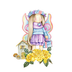 Composition of doll Tilda in dress and dahlia flowers. Hand drawn watercolor illustration. Design for baby shower party, birthday, cake, holiday celebration design, greetings card, invitation, sticker