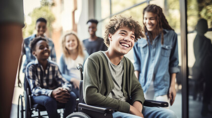 Happy teenager with disability in wheelchair interact with friends at school