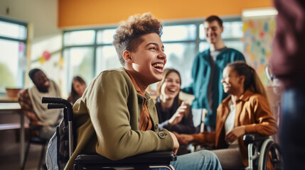 Happy teenager with disability in wheelchair interact with friends at school - obrazy, fototapety, plakaty