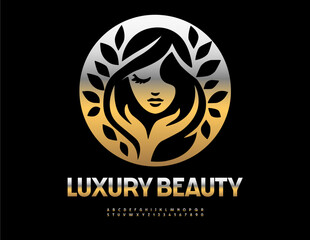 Vector chic Emblem Luxury Beauty with decorative Girl. Stylish Gold Font. Set of premium Alphabet Letters and Numbers - obrazy, fototapety, plakaty