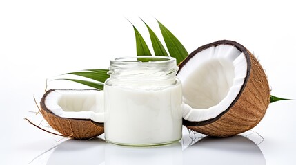 Organic coconut oil in a jar isolated on white background. Healthy vegan alternative. - obrazy, fototapety, plakaty